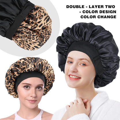 Silk Bonnet for Sleeping Double Layer Satin Bonnet Adjustable Bonnets for Black Women Sleep Cap Reversible Hair Bonnet for Curly Hair (Black and Purple)