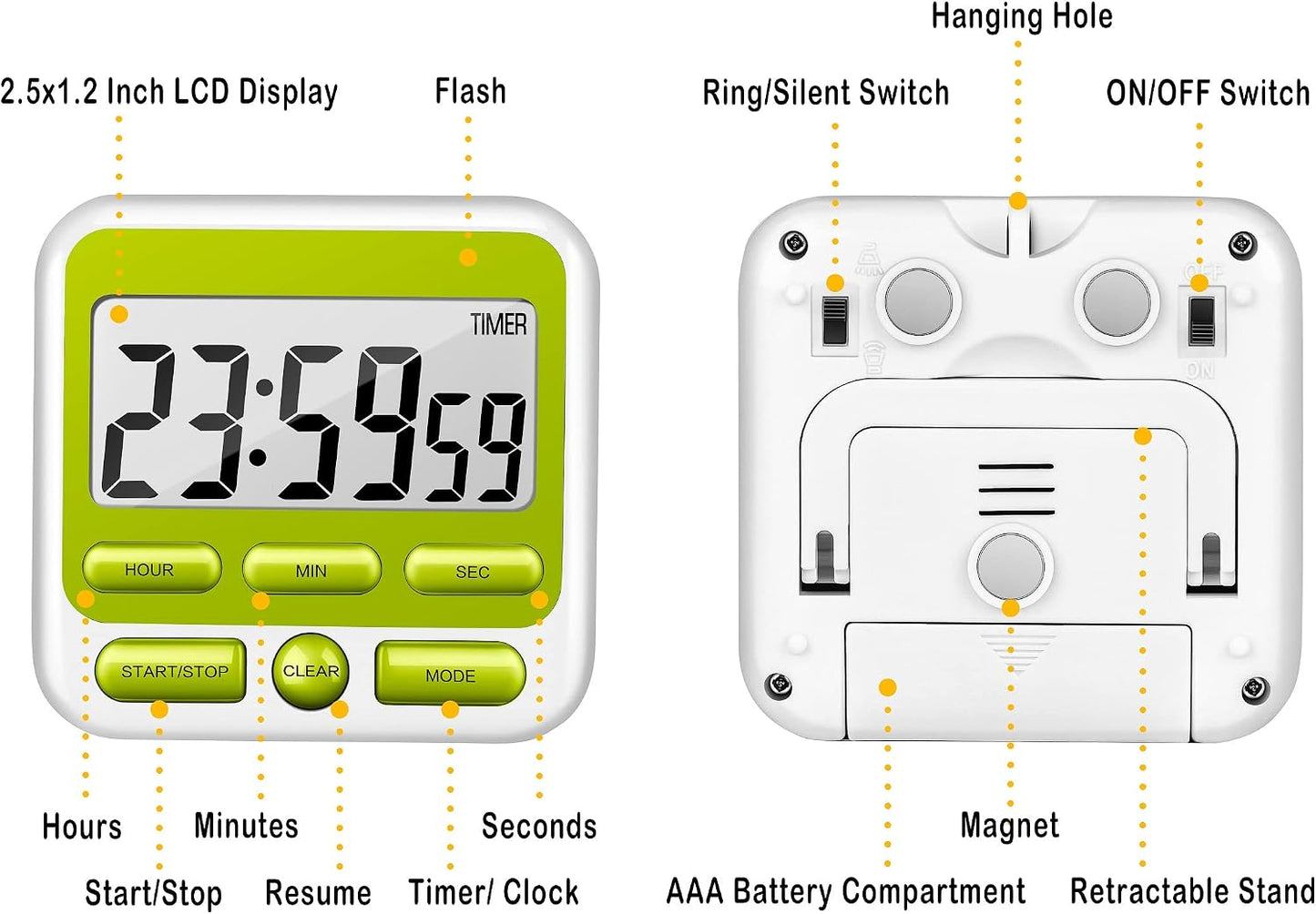 KTKUDY Digital Kitchen Timer with Mute/Loud Alarm Switch ON/Off Switch, 12-Hour Clock & Alarm, Memory Function Count Up & Count Down for Kids Teachers Cooking, Large LCD Display, Strong Magnet (Black)