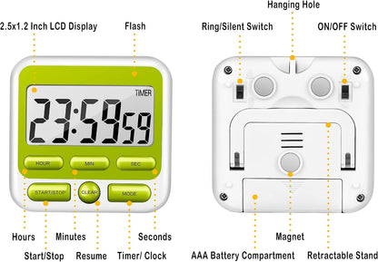 KTKUDY Digital Kitchen Timer with Mute/Loud Alarm Switch ON/Off Switch, 12-Hour Clock & Alarm, Memory Function Count Up & Count Down for Kids Teachers Cooking, Large LCD Display, Strong Magnet (Black)