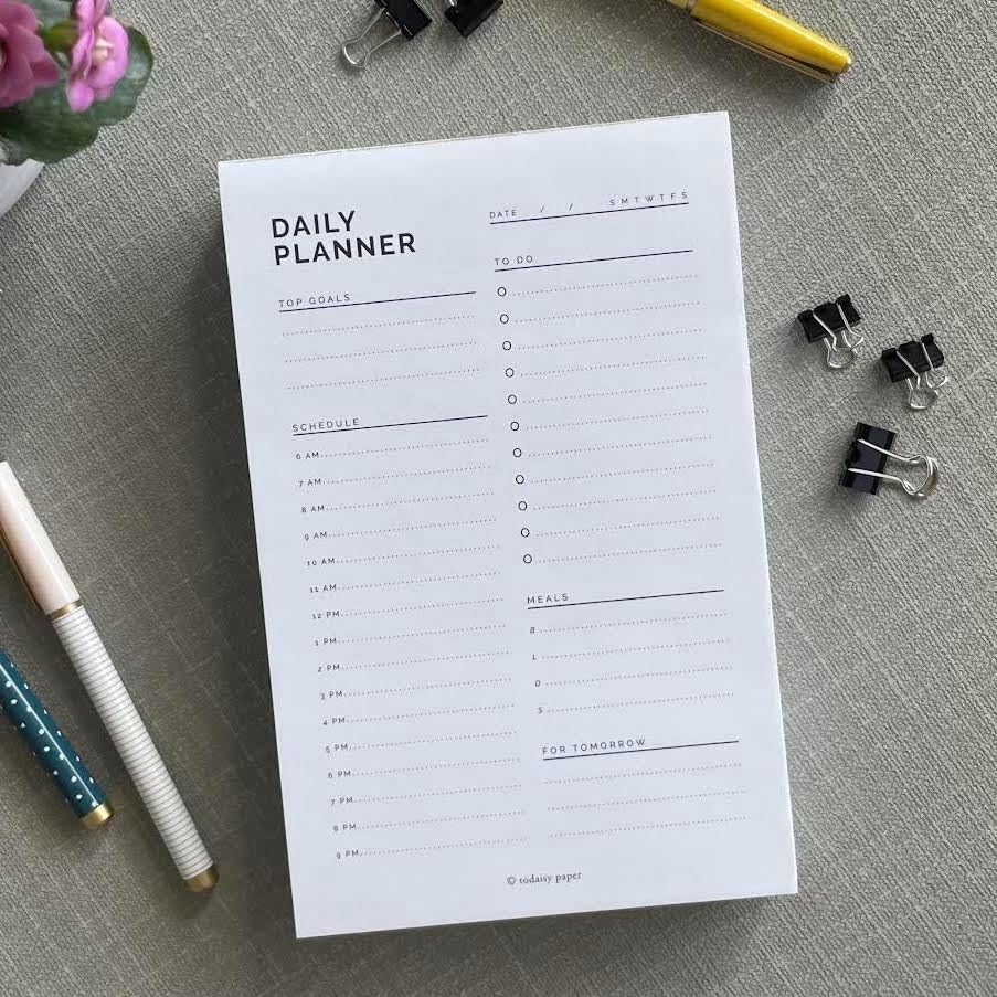 Daily Planner Notepad 5.5" x 8.5" To Do List with Hourly Schedule, Time Block Planning Pad, Desktop To Do List, 50 Sheets by Todaisy Paper