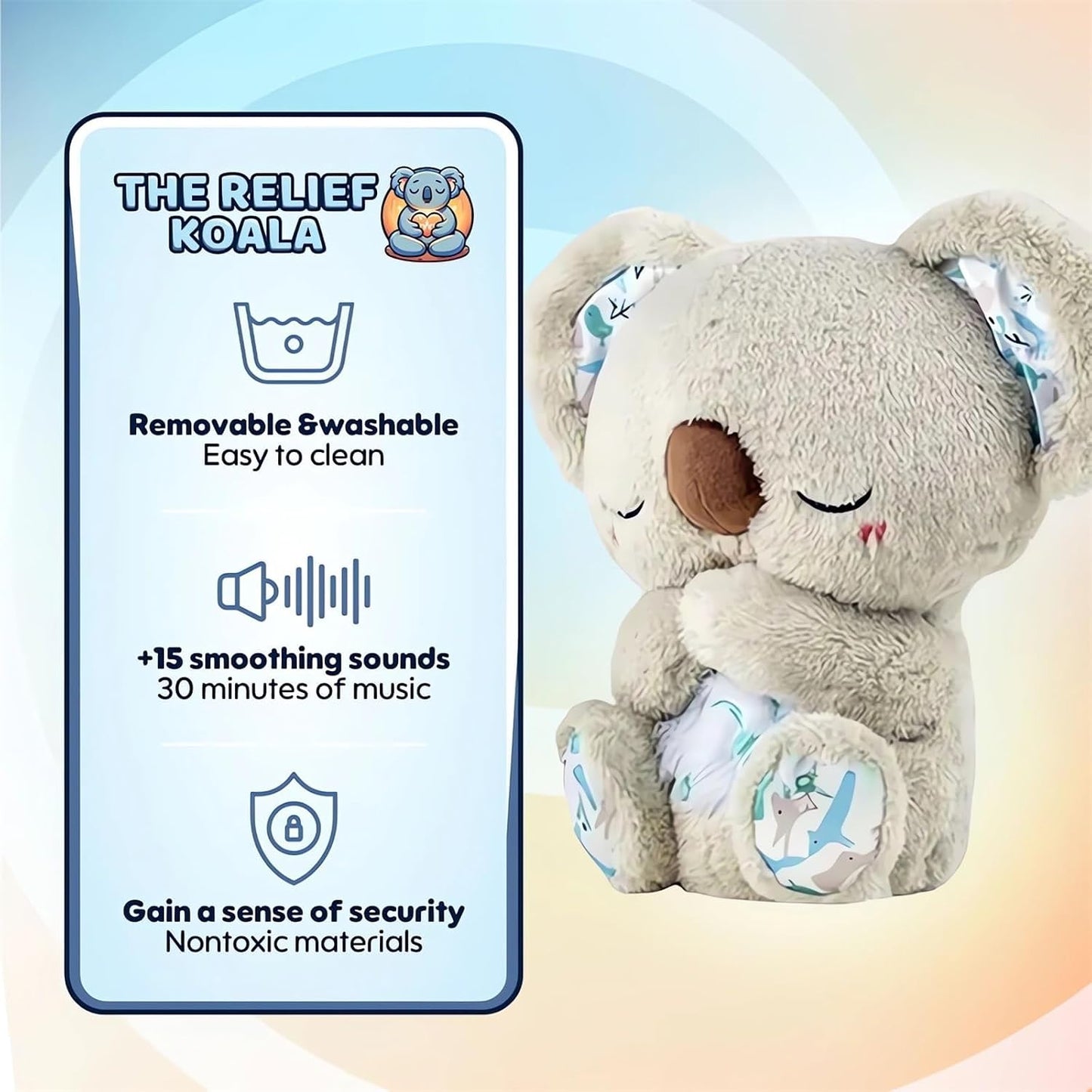 QFCST Relief Koala Breathing Stuffed Toy, Anxiety Relief Plush Breathing Animal, Sleeping Koala Plush Breathing with Musical Lights & Rhythmic Breathing Motion