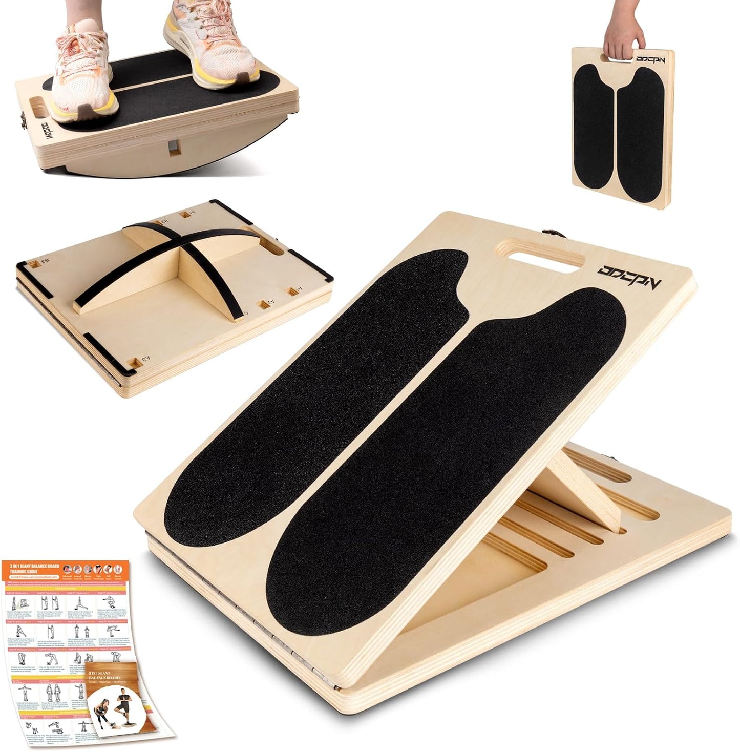3-in-1 Slant Board & 180°/360° Balance Board, Portable 6 Angle Adjustable Calf Stretcher with Training Poster, Anti-Slip 300LBS Wobble Board for Physical Therapy, Standing Desk & Core Strength