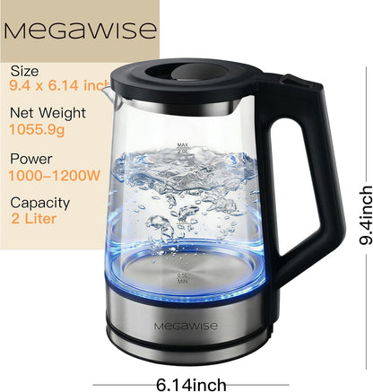 MEGAWISE 1.8 L Glass Electric Kettle, 1000W, Auto Shut-Off, Black