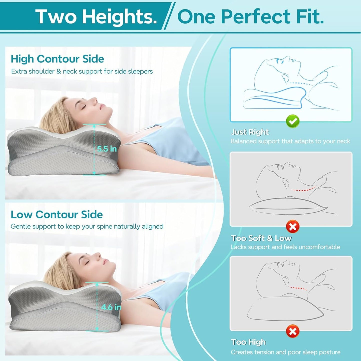 Cervical Pillow for Neck Pain Relief, Ergonomic Pillow for Side Sleeper, Memory Foam Neck Support for Back Stomach Sleepers, Cooling Breathable Orthopedic Contour Pillows for Sleep Apnea Snore, White
