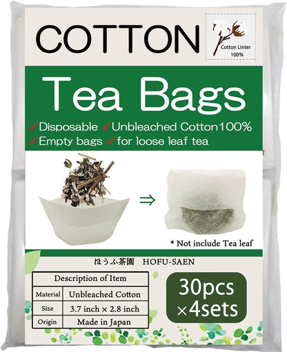 Tea bags for loose leaf tea Cotton100% Empty Disposable Unbleached Strainer Filter Bags ECO 30pcs x 4sets (3.7 x 2.8Inch)