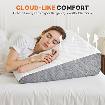 Sweetcrispy 7.5 Inch Wedge Pillow, Body Positioners Pillow for Sleep Apnea, Neck Pain Relief, Post Surgery, Back and Neck Support, Sleeping Comfort, Snoring, White & Grey