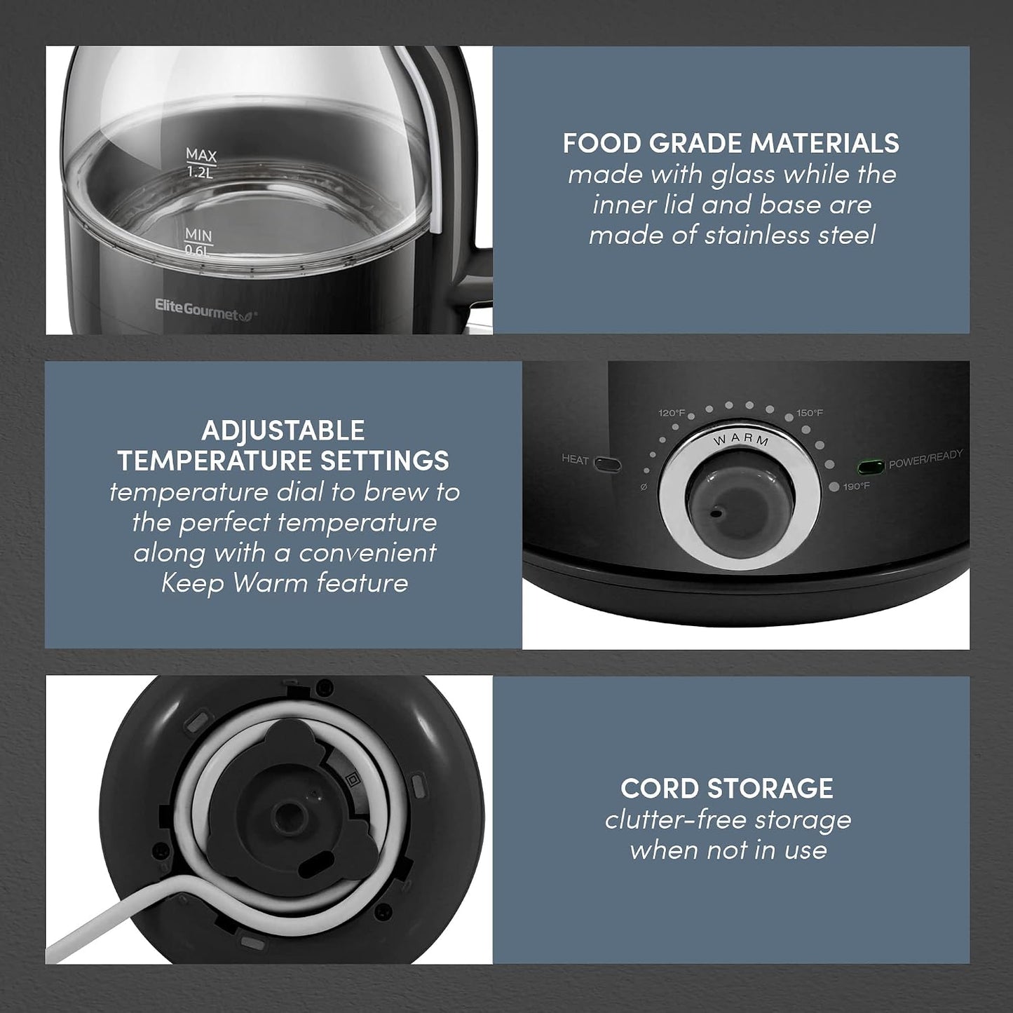 Elite Gourmet 1.2L Electric Glass Kettle, 1200W Fast Boil, Adjustable Temperature Control & Keep Warm, BPA-Free Borosilicate Glass, Auto Shut-Off & Boil-Dry Protection, 360° Cordless Base, Mint