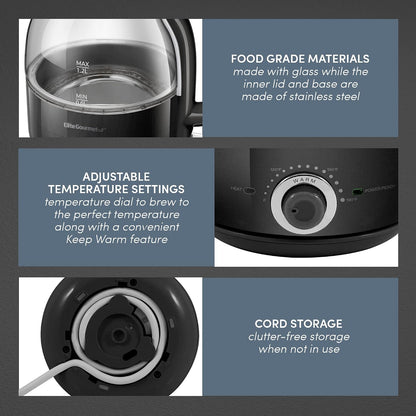 Elite Gourmet 1.2L Electric Glass Kettle, 1200W Fast Boil, Adjustable Temperature Control & Keep Warm, BPA-Free Borosilicate Glass, Auto Shut-Off & Boil-Dry Protection, 360° Cordless Base, Mint