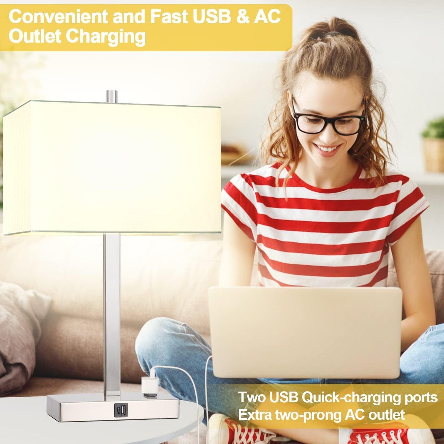 21" Touch Bedside lamps with 2 USB & AC Outlets, 3-Way Dimmable Bedside Table Lamps Set of 2 for Bedroom Living Room Office Reading, Gray Shade Lamps for Night Stands, 5000K LED Bulbs Included