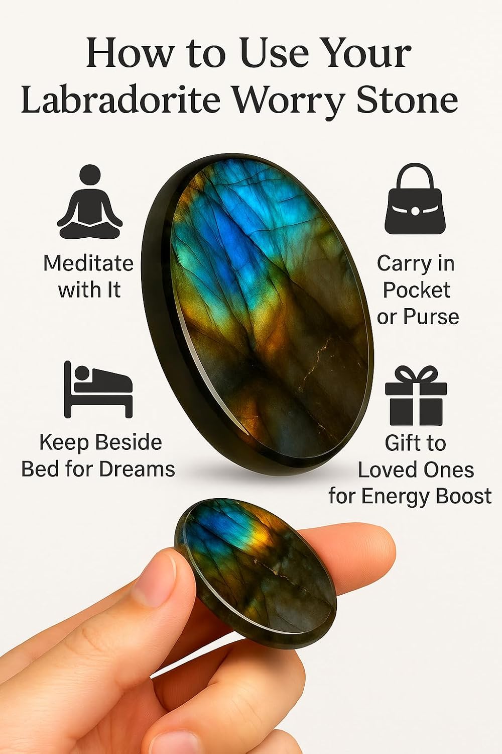 Natural Polished Thumb Palm Crystal for Meditation, Labradorite Worry Stone for Stress Relief, Anxiety Support & Pocket Reiki Healing