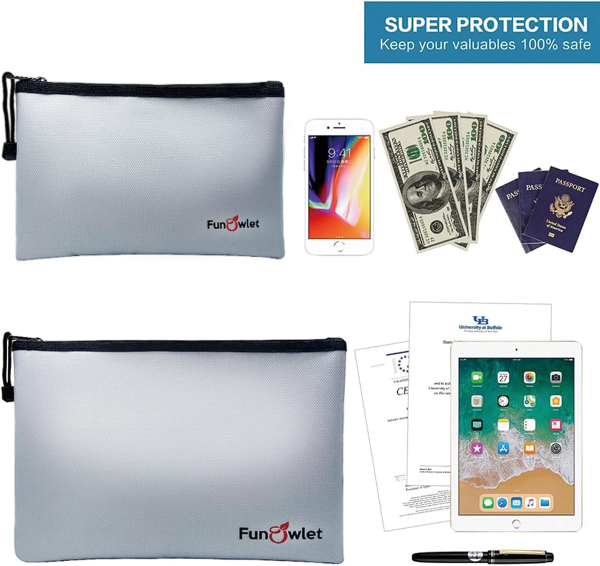 Fireproof Waterproof Money Document Bag, 2Pack Safe Pouch Black