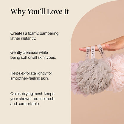 Kitsch Shower Loofah – Soft Mesh Body Scrubber & Bath Sponge for Daily Gentle Cleansing – Durable Loofah for Men and Women with Hanging Loop, Eco-Friendly, 100% PCR Material – 3pc Set, Ballet