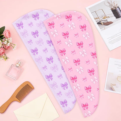 Microfiber Hair Towel Wrap for Kids 2 Pack Quick Drying Hair Towels with Button Hair Turbans for Wet Hair Absorbent Quick Dry Wraps Head Towel Wrap for Women and Girls, Pink Purple Bow