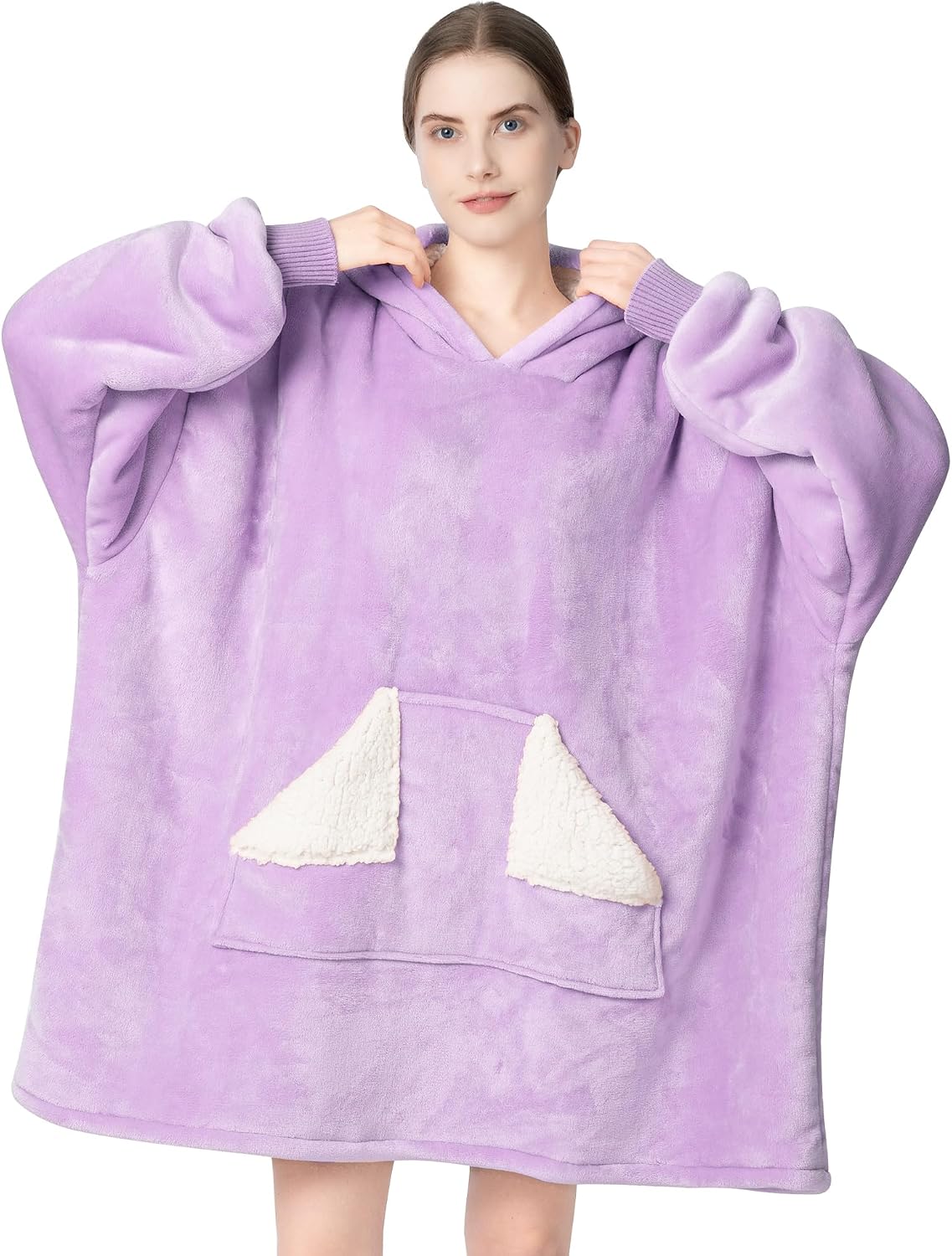 Touchat Wearable Blanket Hoodie, Oversized Sherpa Blanket Sweatshirt with Hood Pocket and Sleeves, Super Soft Warm Plush Hooded Blanket for Adult Women Men, One Size Fits All (Pink)