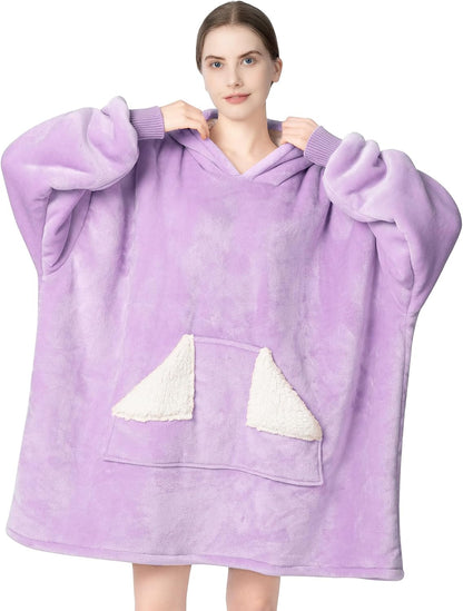 Touchat Wearable Blanket Hoodie, Oversized Sherpa Blanket Sweatshirt with Hood Pocket and Sleeves, Super Soft Warm Plush Hooded Blanket for Adult Women Men, One Size Fits All (Pink)
