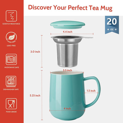 Sweese 20 OZ Porcelain Tea Mug with Infuser and Lid, Loose Leaf Tea Cup, Gifts for Tea Lover - Mint Green