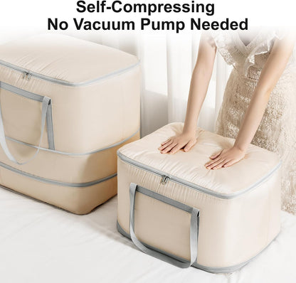 Comforter Storage Bag - 130L Large Capacity Blanket Storage Bags 4-Layer Ultra Space Saving Self Compression Organizer, Washable Compression Bags for Storage Comforter Blanket, Beige