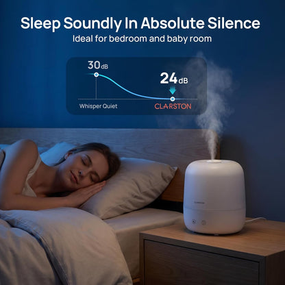 Clarston 2L Cool Mist Humidifier for Bedroom with 360° Adjustable Nozzle, High and Low Mist Levels, Ultra-Low Noise, Light-Off, No BPA, Auto Shut Off, Ideal Baby Humidifier with Easy Top Filling