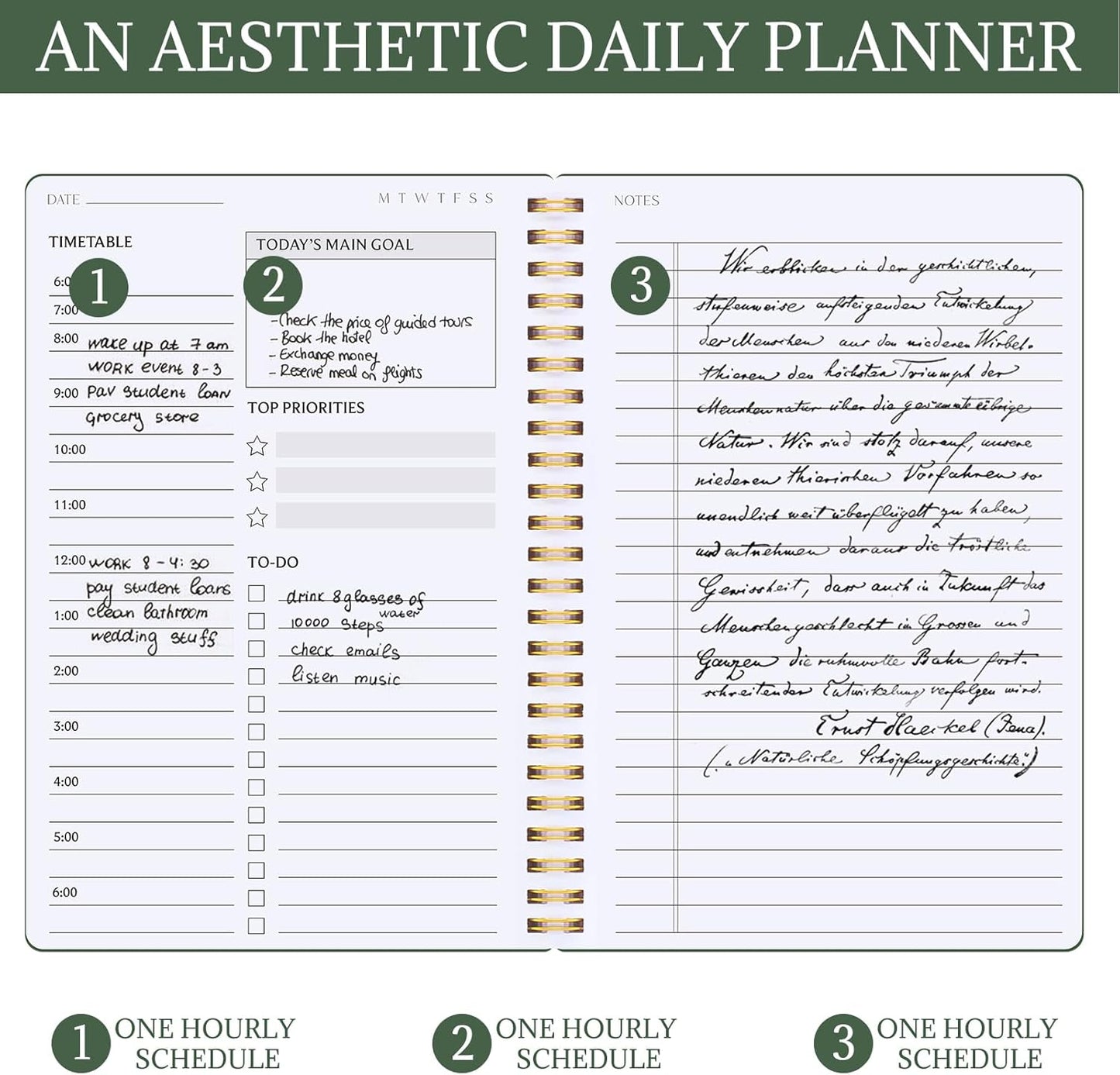Thboxes Undated Daily Planner with Hourly Schedule, 5.71" X 8.35" Daily To DO List Noteboook Set Goals A5 Daily Personal Organizer Notepad for School Work Office Improve Efficiency Planner, Green