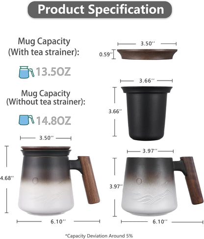ZENS Embossed Ceramic Tea Mug with Infuser and Lid, 14.5 oz Wooden Handle, Loose Leaf Tea Steeper Cup & Strainer for Tea Lovers Gifts