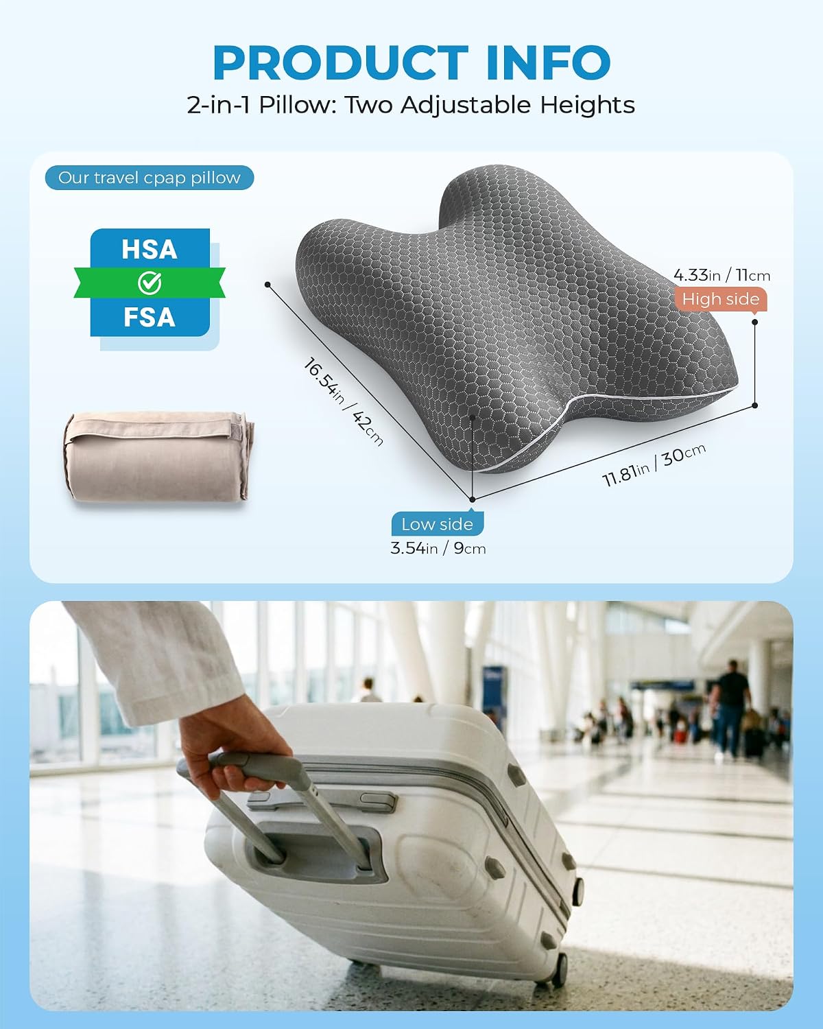 Elviros CPAP Pillow for Sleeping, HSA/FSA Ergonomic Adjustable Height Neck Support Memory Foam Bed Pillow for CPAP Users with Sleep Apnea, Suitable for Side and Back Sleepers