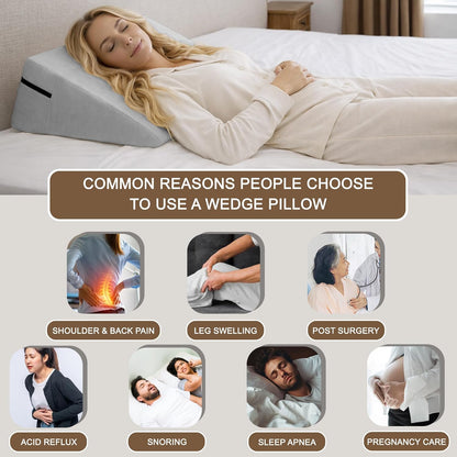 sokoro Bed Wedge Pillow for Sleeping, Small 7 Inch Compact Triangle Wedge Pillow for Acid Reflux, Sleep Apnea & Snoring Relief, Firm Incline for Back Support, Washable Cover (Grey, 24x14x7 in)