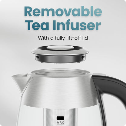 Chefman Electric Kettle with Temperature Control, 5 Presets LED Indicator Lights, Removable Tea Infuser, Glass Tea Kettle & Hot Water Boiler, 360° Swivel Base, BPA Free, Stainless Steel, 1.8 Liters