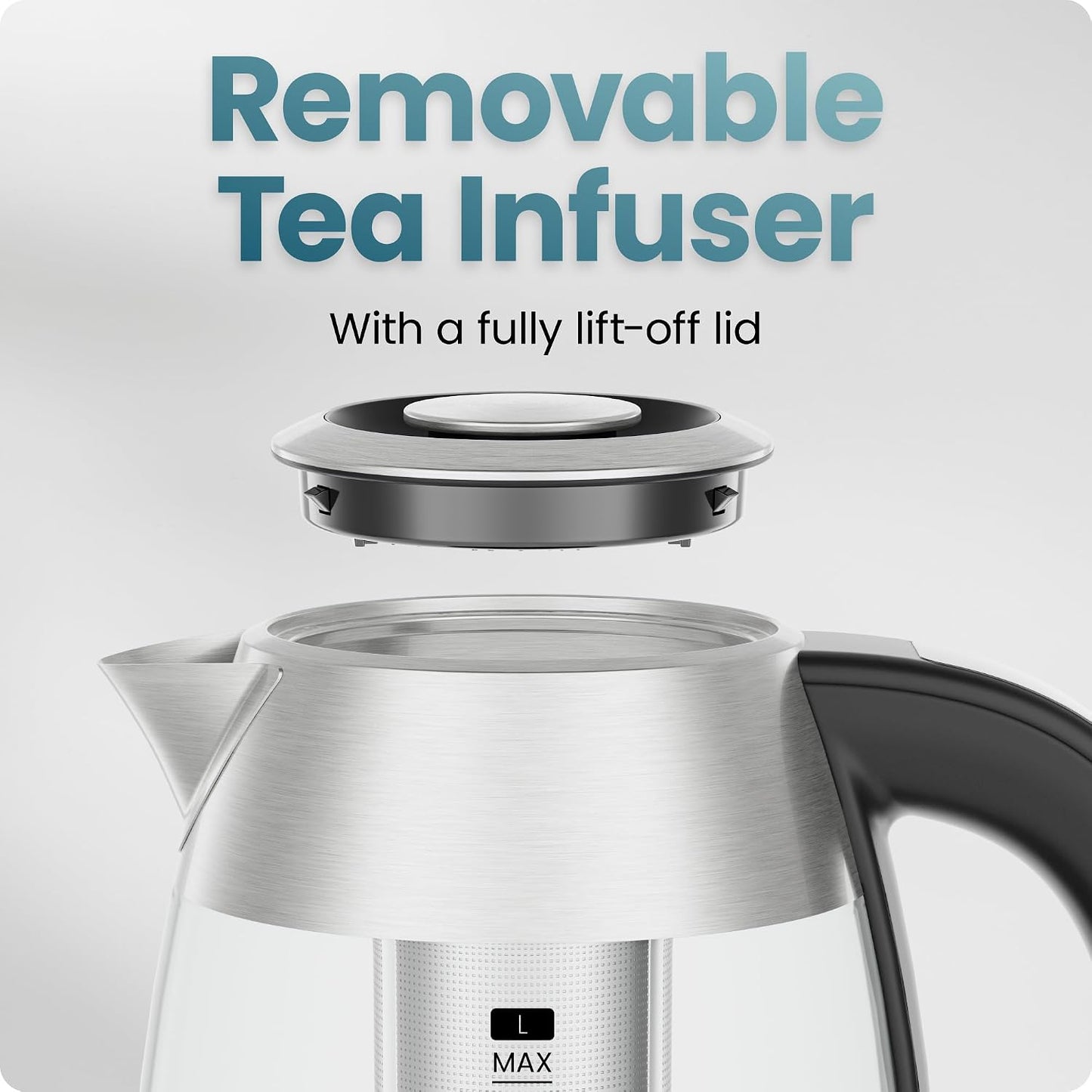 CHEFMAN Electric Kettle - 1.2L 1500W Hot Water Tea Pot with Infuser, BPA Free, Auto Shut Off, Boil-Dry Protection, Removable Lid, LED Light, Cordless Glass Electric Tea Kettle – Stainless Steel