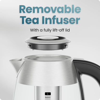 CHEFMAN Electric Kettle - 1.2L 1500W Hot Water Tea Pot with Infuser, BPA Free, Auto Shut Off, Boil-Dry Protection, Removable Lid, LED Light, Cordless Glass Electric Tea Kettle – Stainless Steel