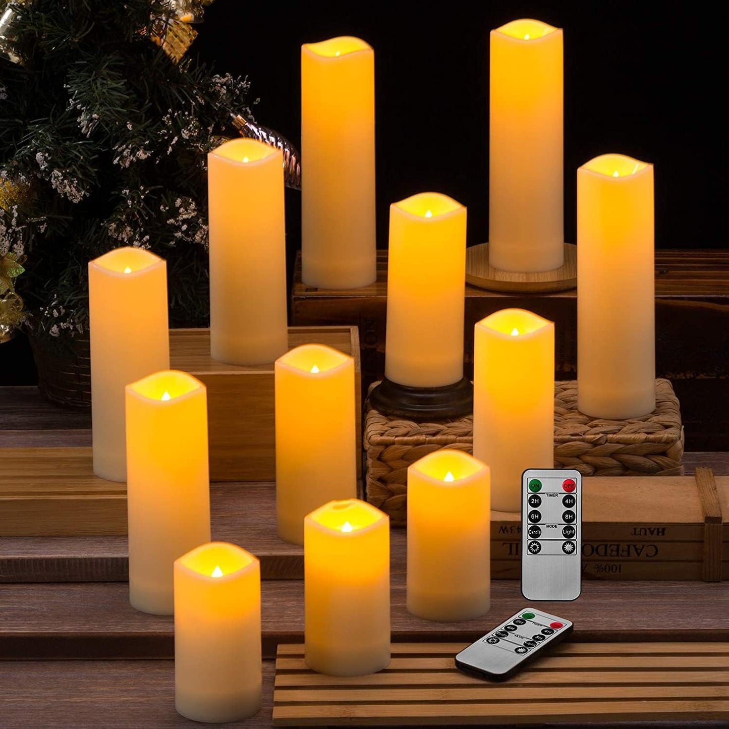 YOROXRG Set of 24 Waterproof Outdoor Flameless Candles, LED Candles with 4 Remote and Timer,(H 4" 5" 6" x D 2.2"),for Christmas,Halloween,Wedding,Festival