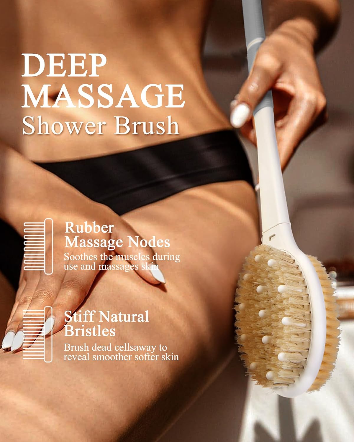Dry Brushing Body Brush for Massage - Natural Boar Bristle Exfoliating Brush with Massage Nodes for Lymphatic Drainage, Cellulite, Blood Circulation Improving Skin Health for Women Men Elderly(Grey)