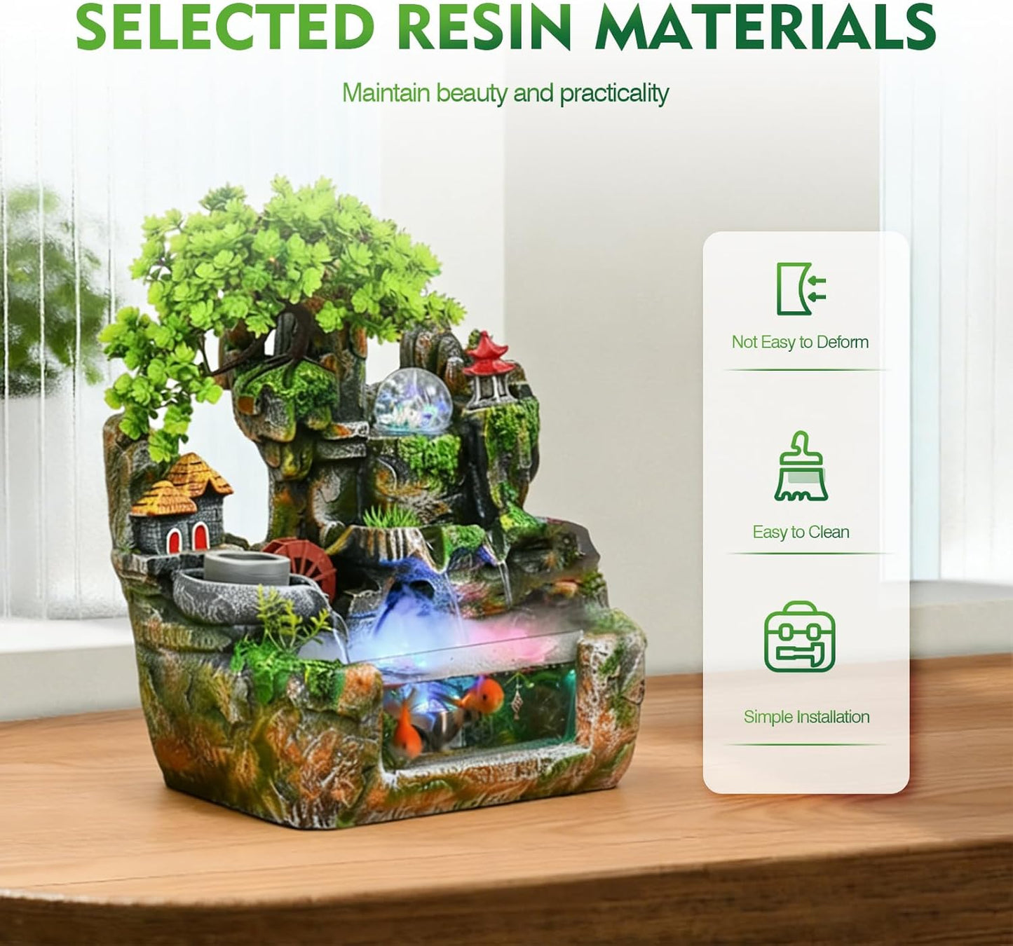 Upgraded Resin Tabletop Waterfall Fountain with LED Mist & DIY Rockery Landscape, Relaxing Desktop Water Fountain for Office, Bedroom & Home Décor, Quiet Indoor Water Feature