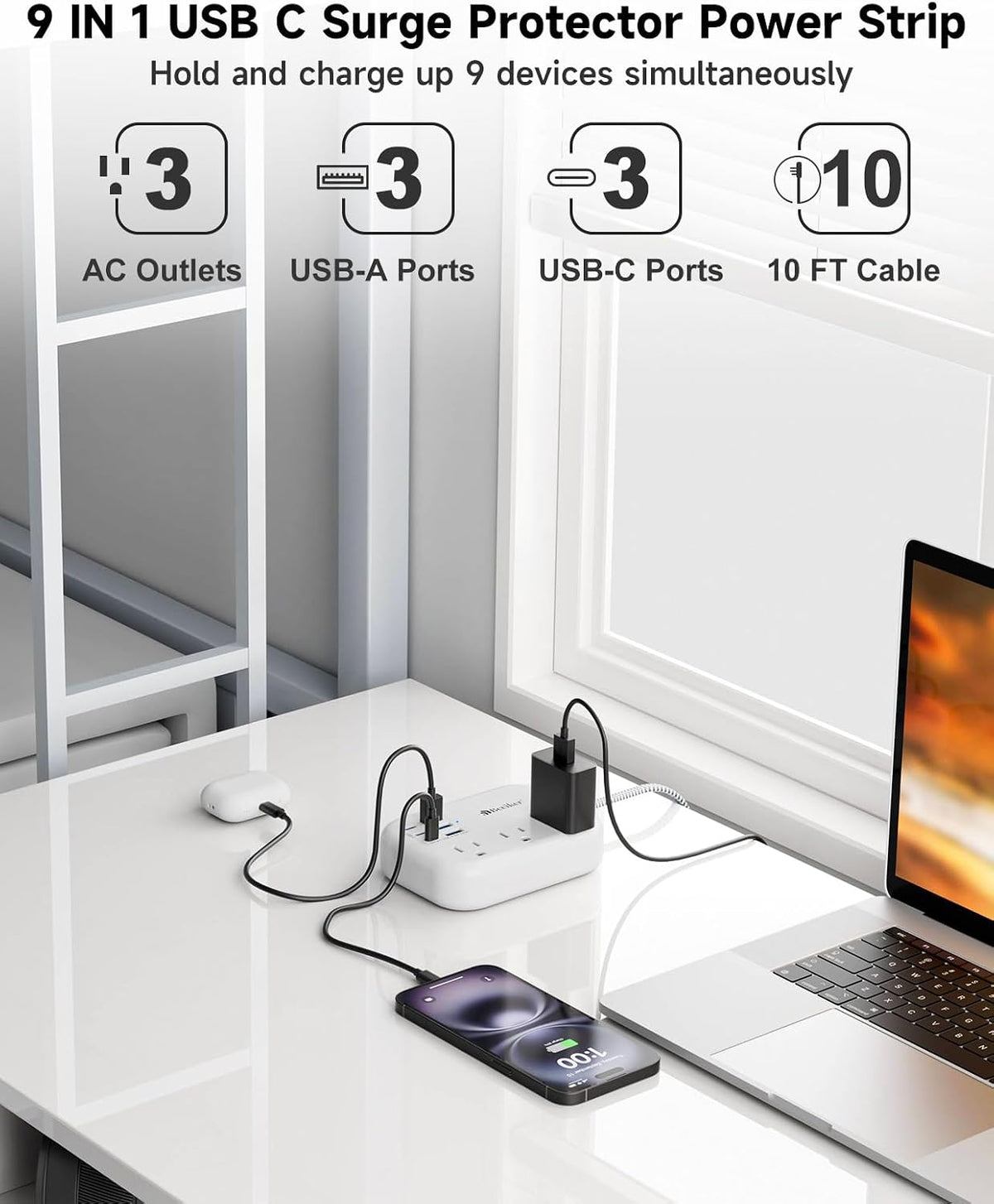 6 USB(3 USB C) Power Strip- Travel Power Strip with 6 USB Desktop Charging Station 24W/4.8A and 3 Outlets, 5Ft Flat Plug Braided Extension Cord, Non Surge Protector for Cruise Ship Travel Office Dorm