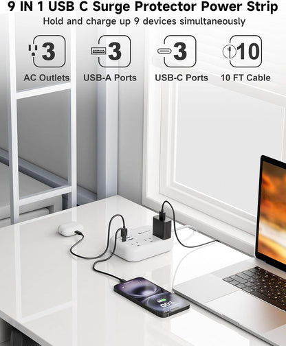 6 USB(3 USB C) Power Strip- Travel Power Strip with 6 USB Desktop Charging Station 24W/4.8A and 3 Outlets, 5Ft Flat Plug Braided Extension Cord, Non Surge Protector for Cruise Ship Travel Office Dorm