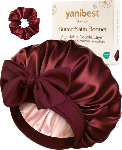YANIBEST Adjustable Double Layer Satin Bonnet, Silk Hair Bonnet for Sleeping with Elastic Tie Curly Natural Hair Reduce frizz
