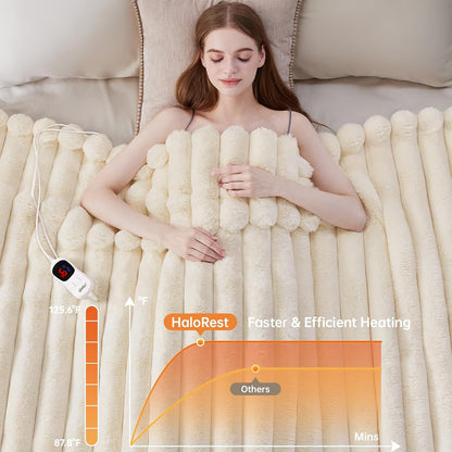 Heated Throw Blanket, Faux Fur Cozy Heating Blanket with Overheat Protection, 1/2/4/6/8 Hours Auto-Off 10 Heat Level, Machine Washable (50x60 Inches, Cream White)