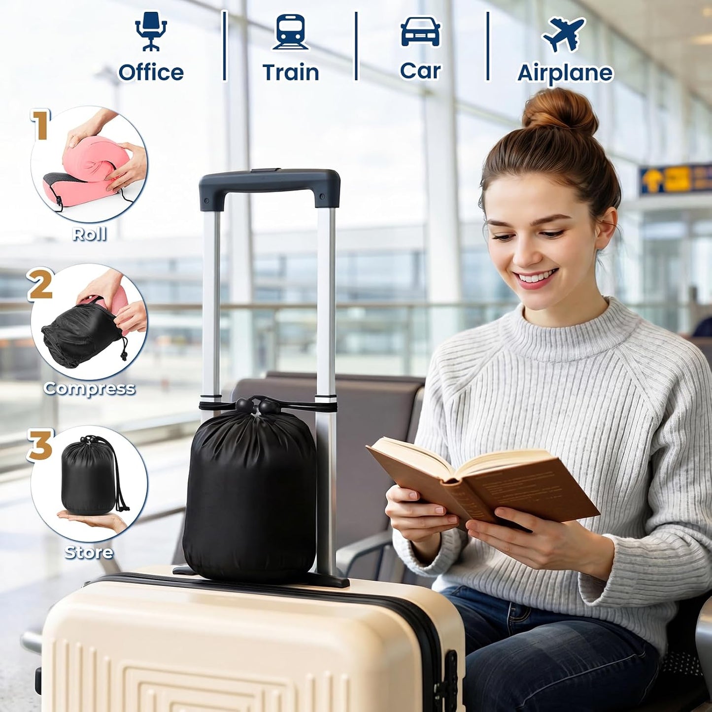 ExploreBliss Travel Pillow, Travel Pillows for Sleeping Airplane, Neck Pillow Airplane, Memory Foam Neck Pillow Set with Eye Mask, Earplugs and Storage Bag -Grey