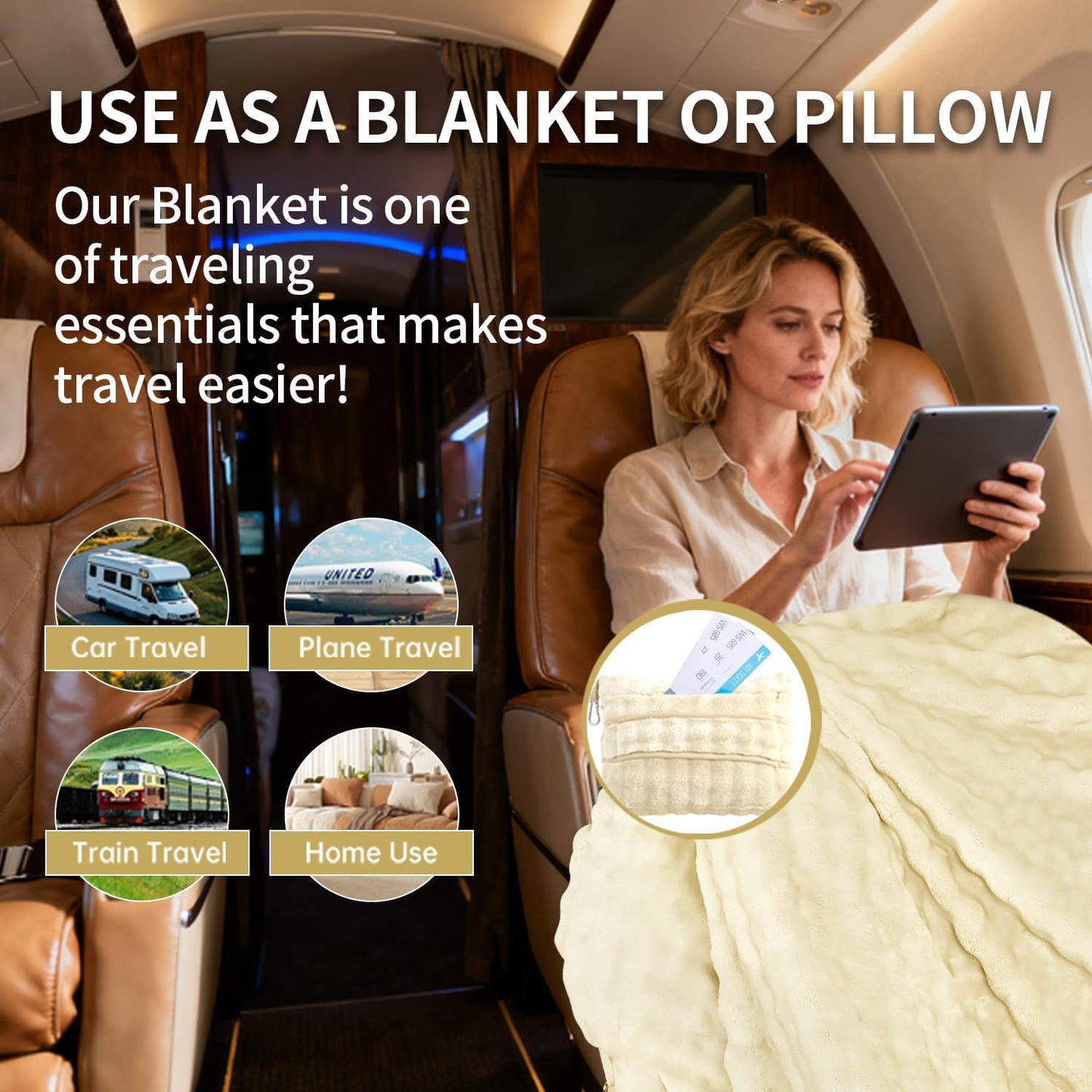 Travel Blanket and Pillow-2-in-1, Ultra-Soft&Compact, Airplane Blanket with Hand Luggage Belt and Backpack Clip,Travelers Accessories Gifts, 61x43 Inches(Pink