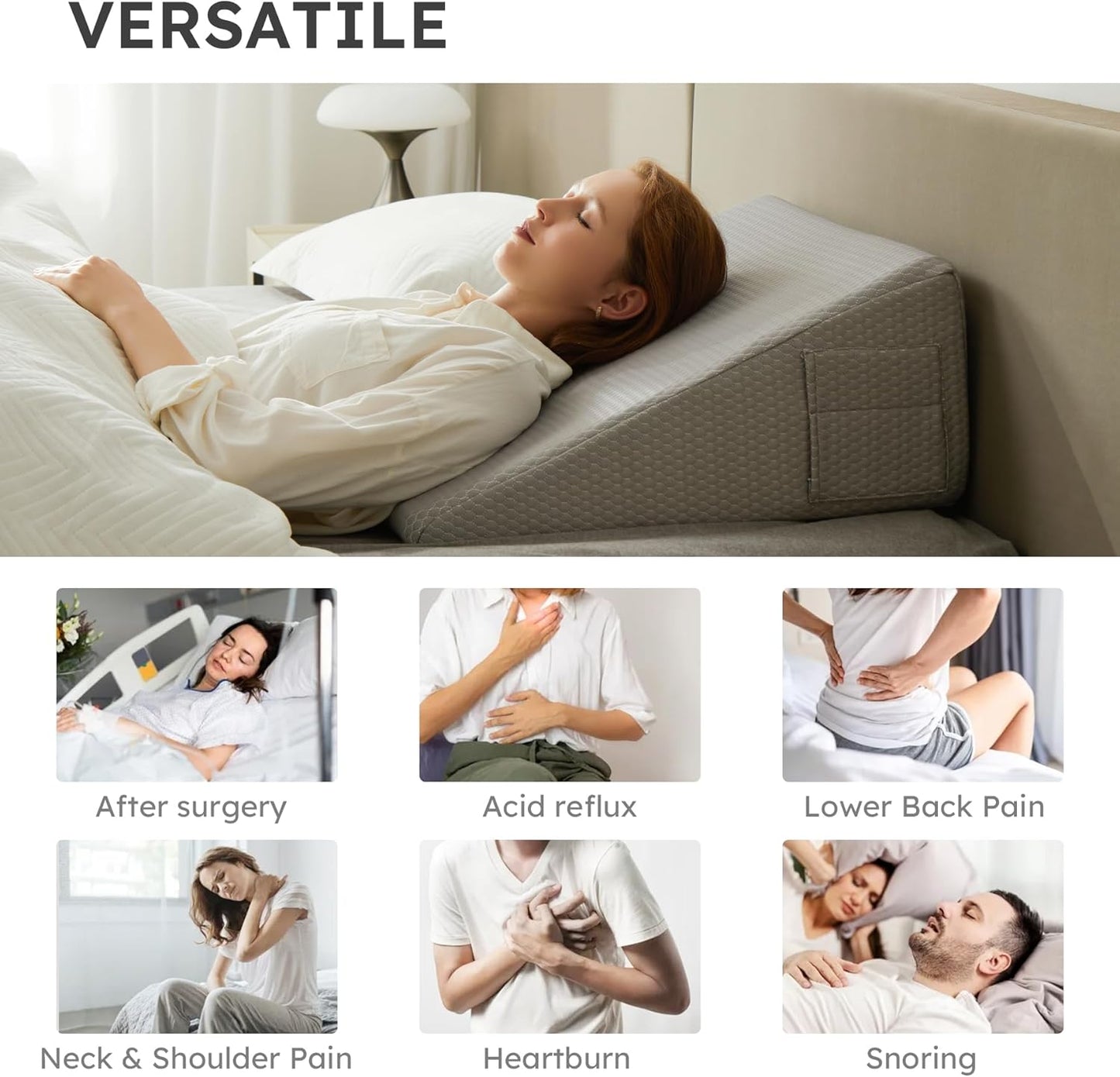 Bedluxe Wedge Pillow, 10 inch Bed Wedge Pillow for Headboard, Pillow Wedge for Acid Reflux Relief, Sleeping, Back Pain Relief, Snoring, Triangle Pillow Wedge, White/Grey