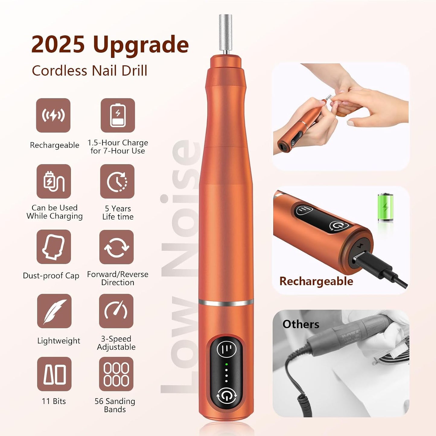 TUOBEO Cordless Nail Drill Electric Nail File Kit, Rechargeable Efile Set, Portable Acrylic Gel Nail Polish Remover Machine, Pedicure Manicure Tool, 11 Bits, 56 Sanding Bands, Salon Home, Purple