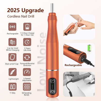 TUOBEO Cordless Nail Drill Electric Nail File Kit, Rechargeable Efile Set, Portable Acrylic Gel Nail Polish Remover Machine, Pedicure Manicure Tool, 11 Bits, 56 Sanding Bands, Salon Home, Purple