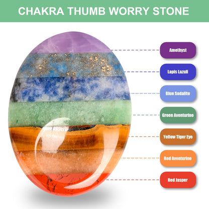 Gemstone Worry Stone, Chakras Worry Stone for Anxiety, Hand Carved Natural Pocket Palm Stones Water Drop Shape 7 Chakra Crystals and Healing Stones for Yoga Meditation 1.7"