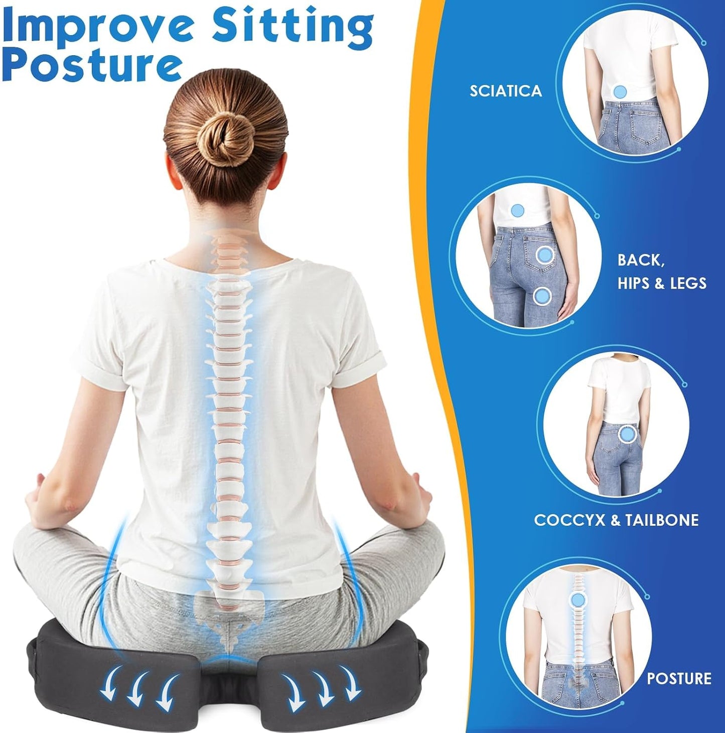 TushGuard Seat Cushion for Office Chair Memory Foam Non-Slip Desk Seat Cushion Back, Coccyx, Sciatica, Tailbone Pain Relief Butt Pillow for Office Chair, Car, Wheelchair, Black