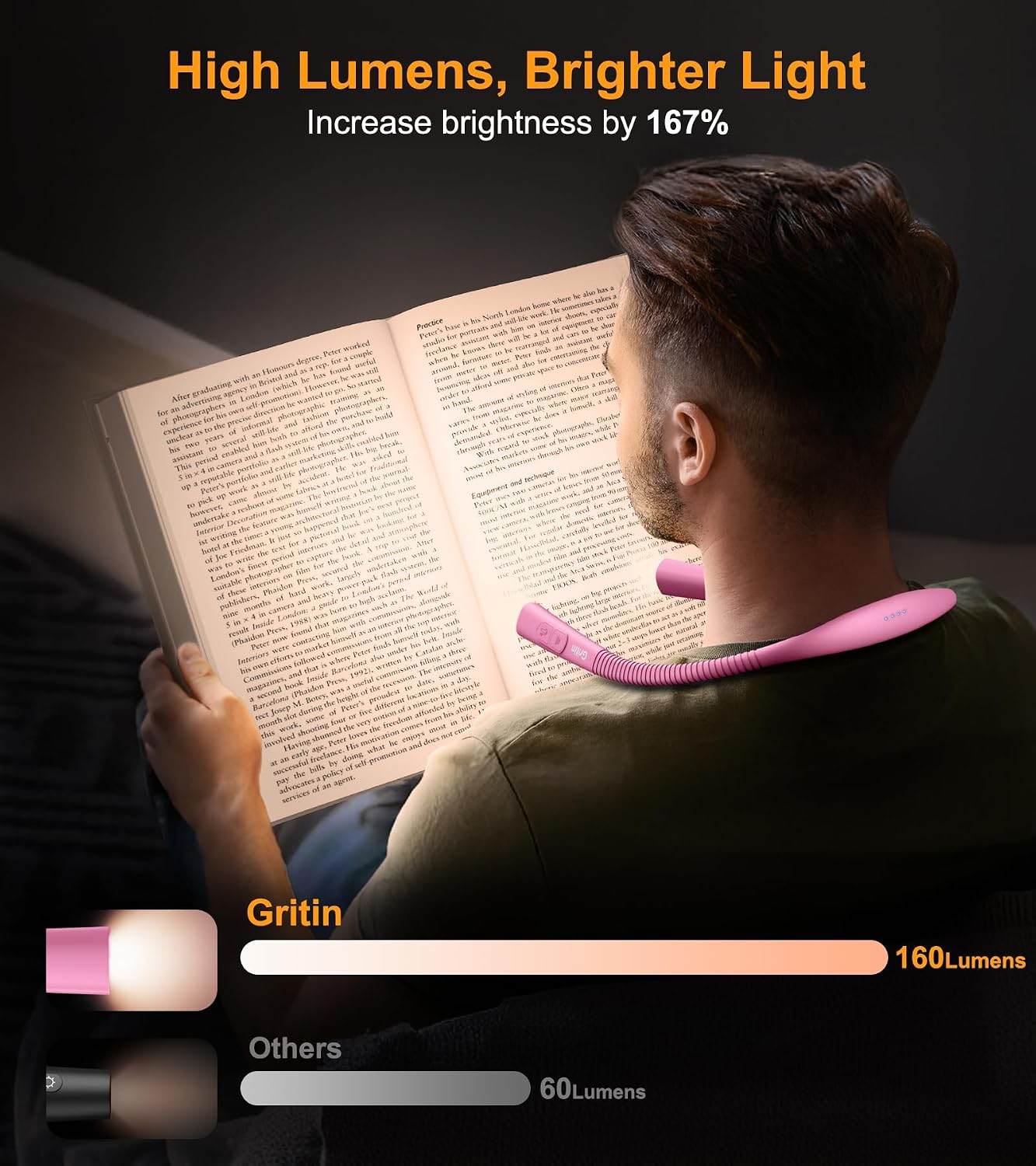 Gritin Book Light, Eye Caring 4-Color & 5-Brightness Neck Light Reading Light- Stepless Dimming,30-min Timer,80+ Hrs Runtime,Bendable Round Neck Design, Lightweight for Reading, Knitting, Repairing