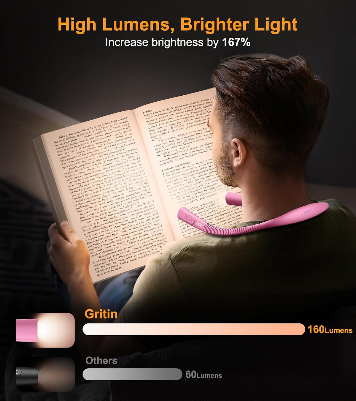 Gritin Book Light,Eye Caring 3 Colors & Stepless Dimming Neck Reading Light