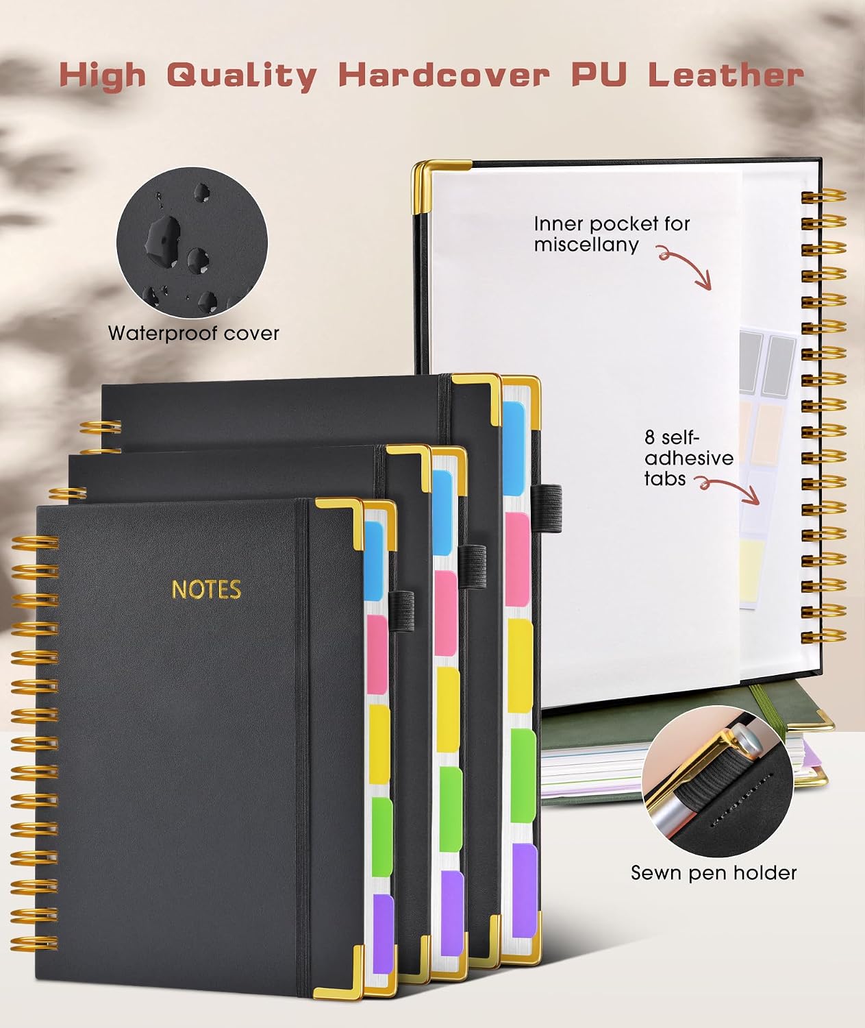 Hardcover Spiral Notebook journal with Removable Dividers Tabs, 300 Pages Leather 5 Subject Notebook College Ruled, 8"x10" Large B5 Notebooks for Work School Note taking, Lined Journal for Women,Black