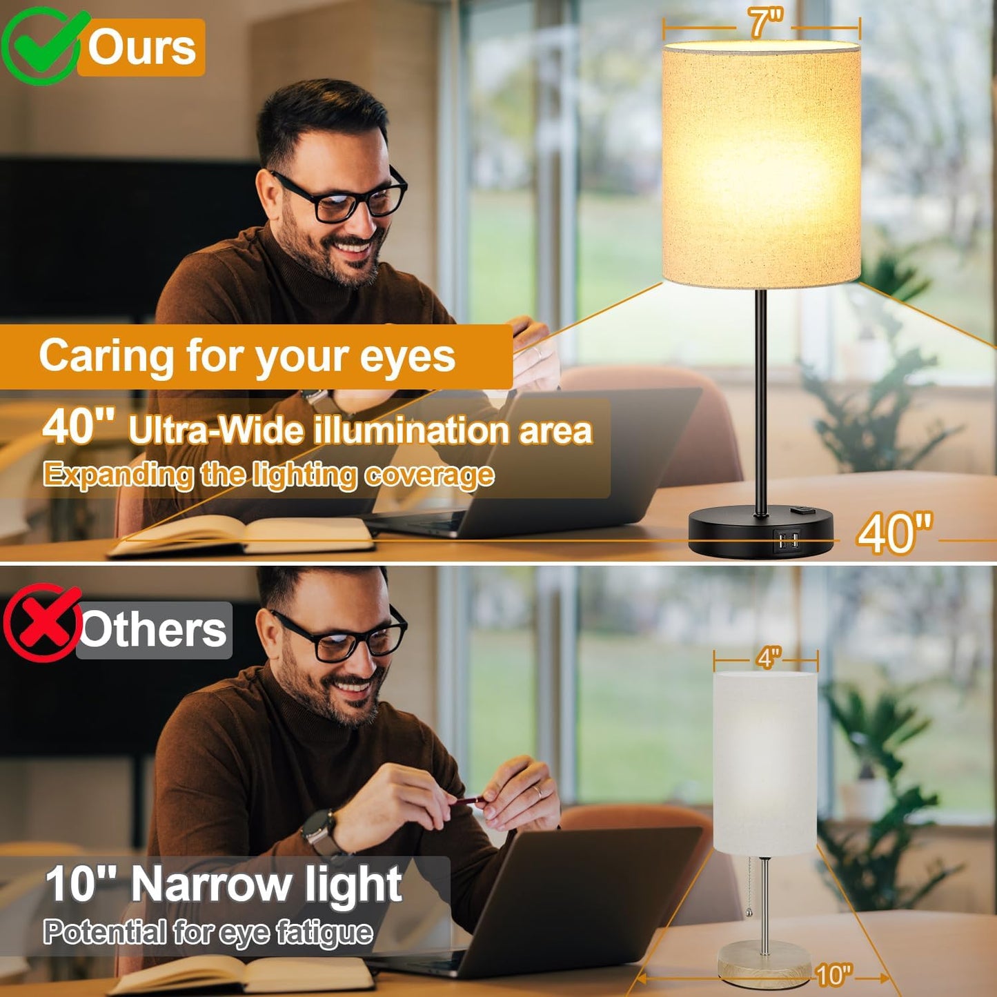 Set of 2 Touch Control Table Lamps with 2 USB & AC Outlet, 3-Way Dimmable Bedside Nightstand Lamps for Bedroom Living Room Nursery, 800 Lumens 5000K Daylight Bulbs Included