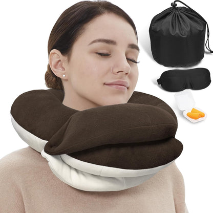 BUYUE Travel Neck Pillows for Airplanes, Memory Foam 360° Head Support Sleep for Long Flight, Skin-Friendly & Breathable, Kit with Eye Mask, Earplugs and Storage Bag (Adult, Grey, 90+ lbs)