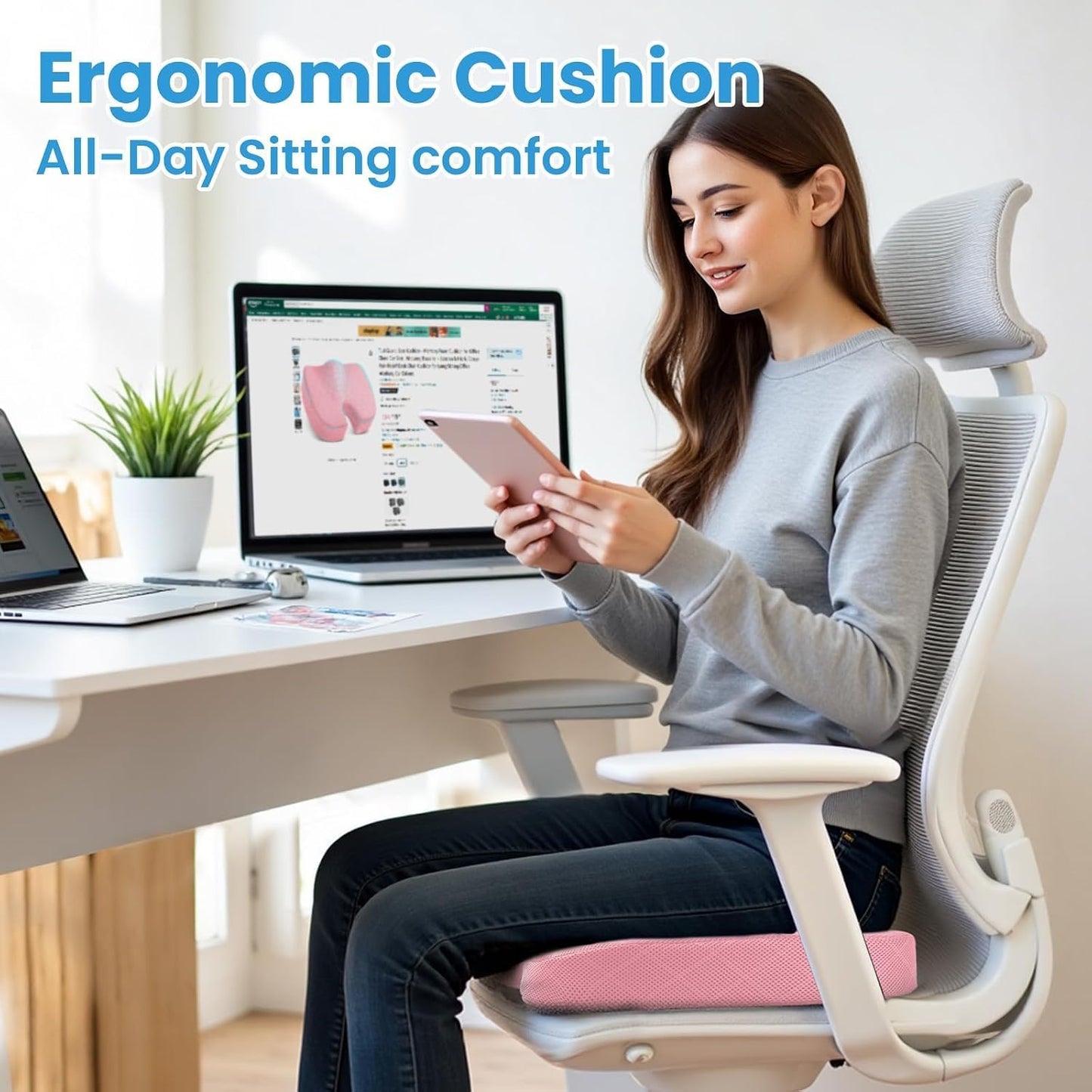 TushGuard Seat Cushion - Memory Foam Sitting Pillow for Office Chair, Car Seat, Airplane, Bleacher - Sciatica & Hip & Coccyx Pain Relief Desk Chair Cushion for Long Sitting Office Workers, Car Drivers