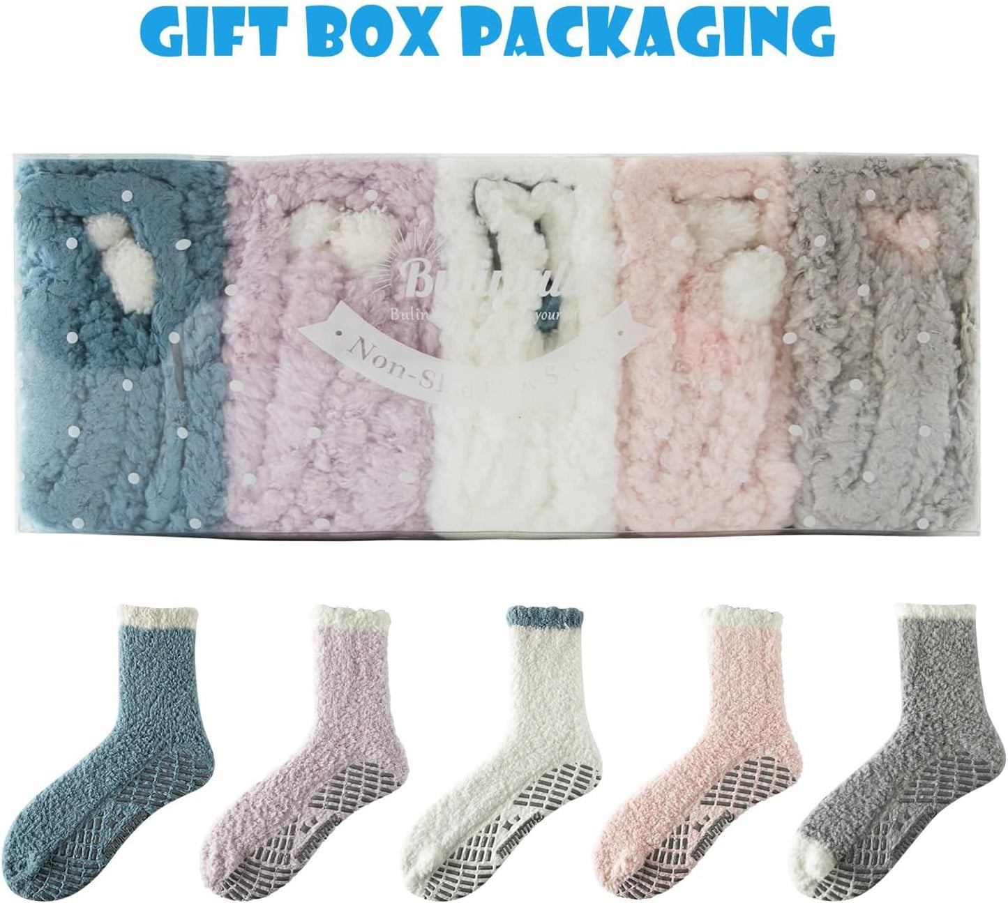 Bulinlulu Fuzzy Socks With Grips for Women, 5 Pairs Non Slip Sleep Warm Fluffy Slipper Socks Gifts for Women